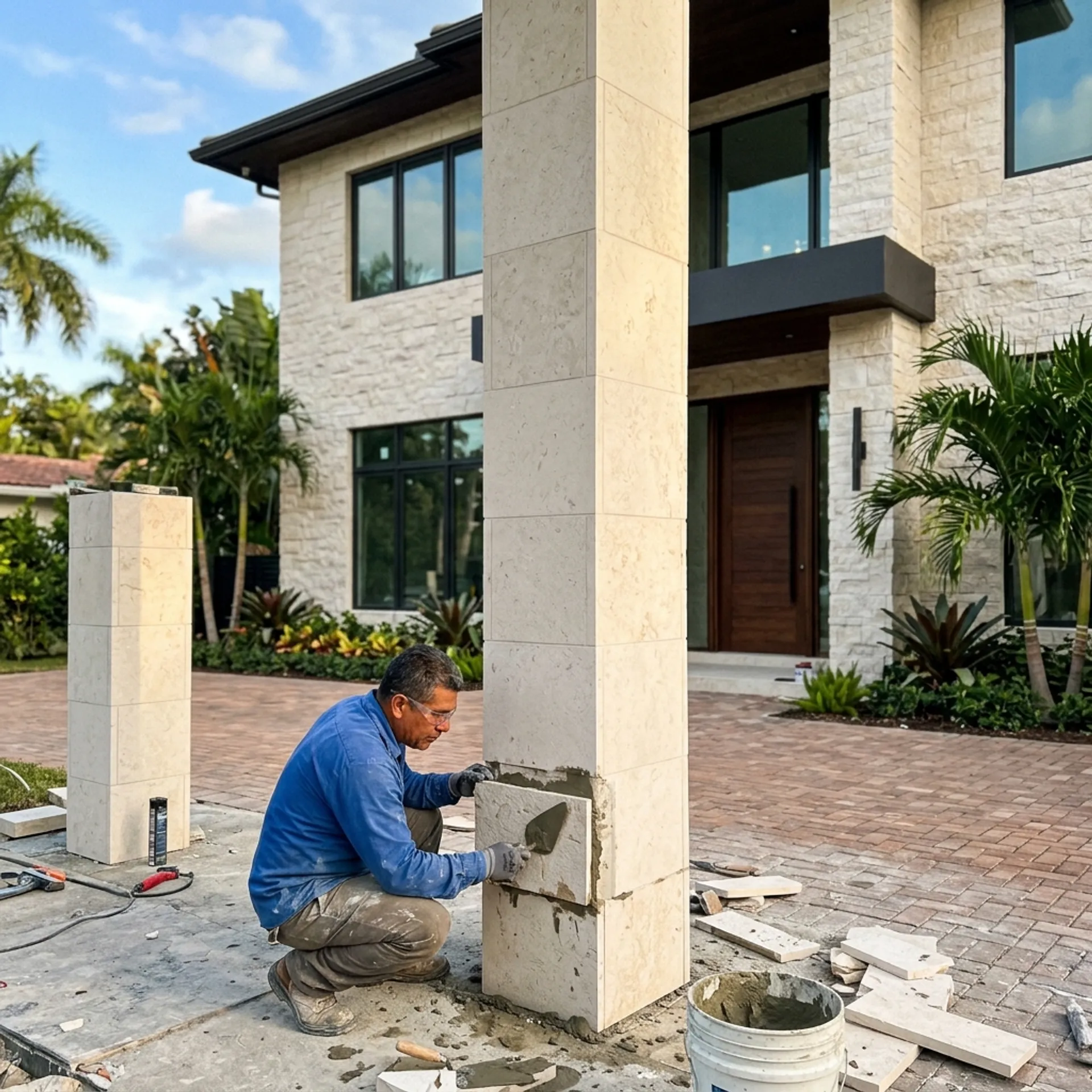 Professional stone masonry crew at work in Miami, FL